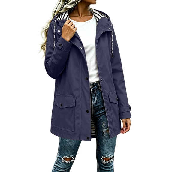 Hueook Coat for Women Hooded Long Sleeve Button Up Casual Rain Trench Coat with Pockets Navy L