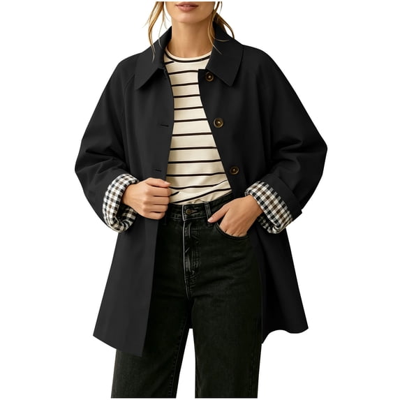 Hueook Coat for Women Lapel Double Breasted Long Sleeve Mid Length Trench Coat with Pockets Black M