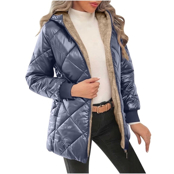 Hueook Coats Women Puffer Jacket with Hood Thicken Women's SolidLong Sleeved HoodedJacket Navy XL