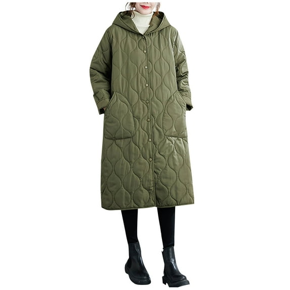 Hueook Coats for Women Fashion Solid Color Casual Padded Keep Warm Cold Protection Long Sleeve Parkas Army Green 4X