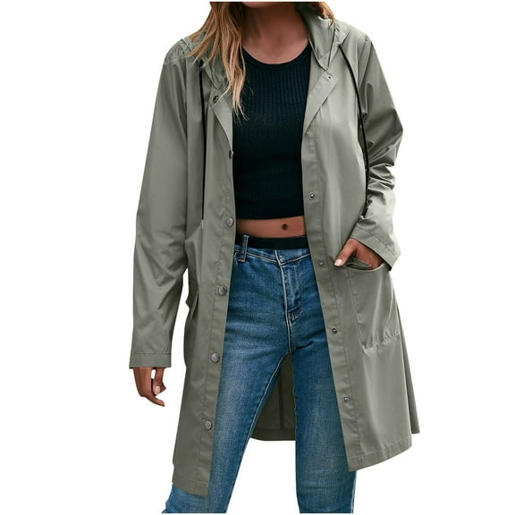 Hueook Coats for Women Long Sleeve Hooded Waterproof Windproof Button Pocket Daily Jacket Gray S