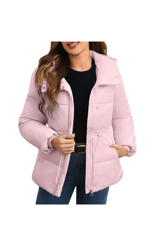 Coats for Women Puffer Hooded Jackets Women's Solid Color Hooded Drawstring Zipper Button Jacket with Pocket Pink XL