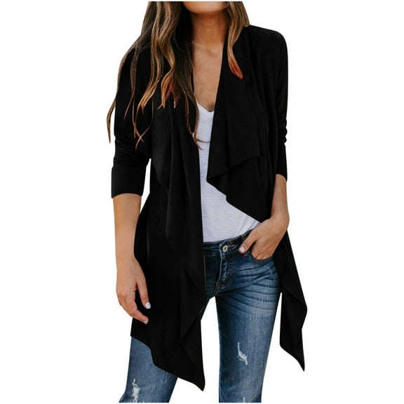 Hueook Coats for Women Solid Suede Long Sleeved Lapel Jacket Fashion Imitation Deer Velvet Cardigan Collar Fashion Outerwear Black S