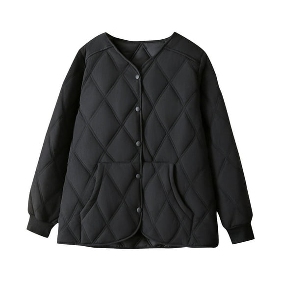 Hueook Coats for Women Women Warm Quilted Jackets for Women Long Sleeve Floral Soild Puffer Jacket Coats with Pockets Black XL