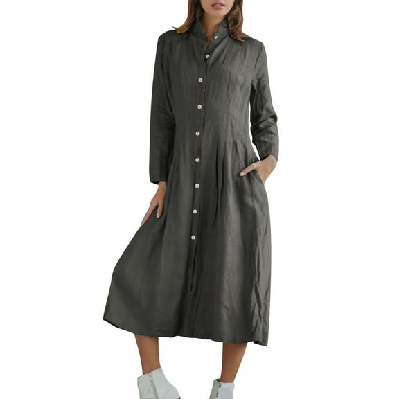 Hueook Cocktail Dresses for Women Flapper Dresses Fashion Women's Casual Solid Color Long Sleeve Turndown Collar Dress Blue XL