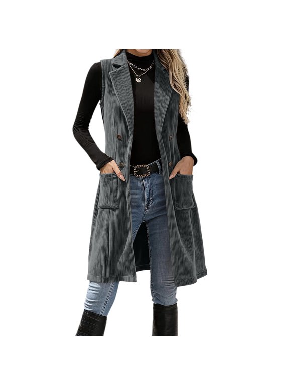 Corduroy Vest for Women Fall Longline Button Front Lapel Sleeveless Casual Jacket with Pockets Layering Duster Gray M