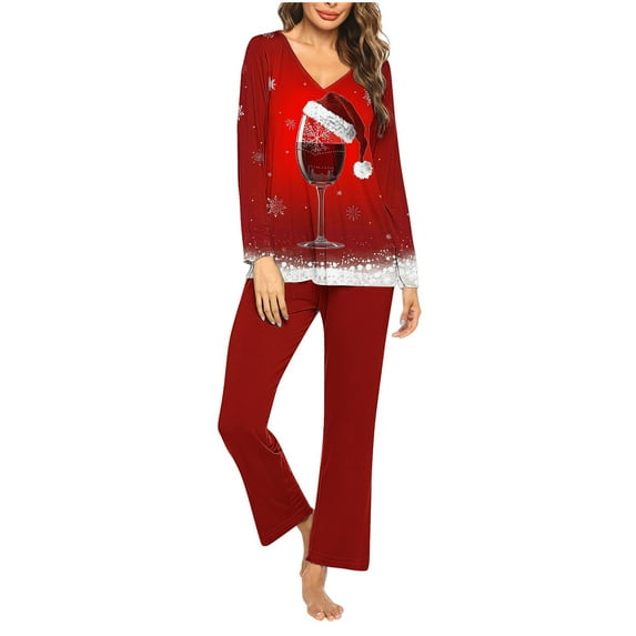 Hueook Cotton Comfy Pjs for Women Women Christmas Printed V-neck Casual Long Top Pants Pajama Set Multicolor M