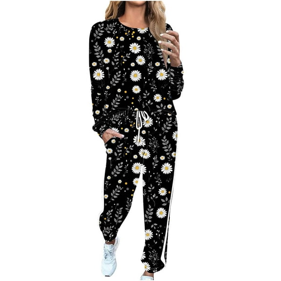 Hueook Cotton Comfy Pjs for Women Women'S Crew Neck Long Sleeve Top   Trousers Printed Home Sports Casual Yoga Suit Multicolor XL