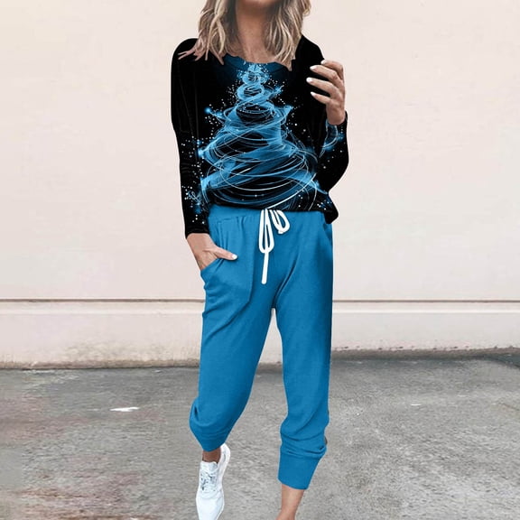 Hueook Cotton Comfy Pjs for Women Women's Christmas Print Long Sleeve Sport Pullover   Pants Set Blue 2X