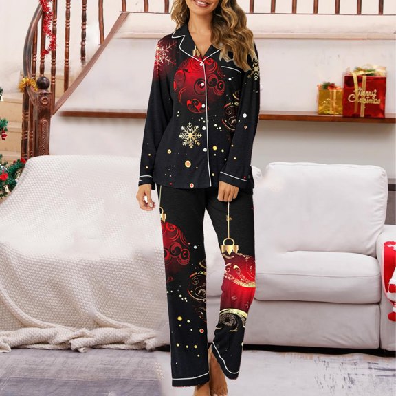 Hueook Cotton Comfy Pjs for Women Women's Christmas Printed Pajama Set for Daily Home Wear with Pocket Multicolor 3X