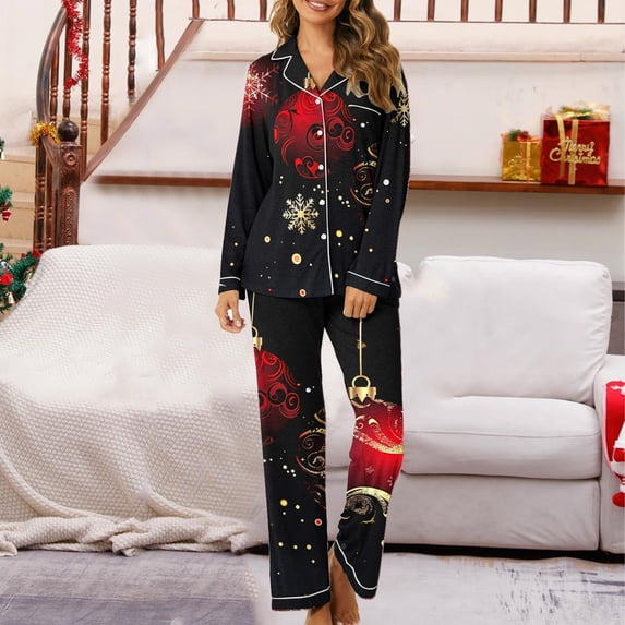 Hueook Cotton Comfy Pjs for Women Women's Christmas Printed Pajama Set for Daily Home Wear with Pocket Multicolor L