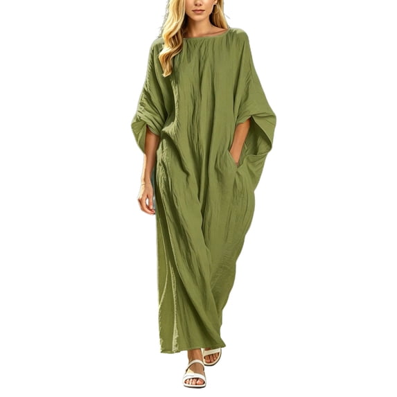 Hueook Cotton Dresses for Women V Neck Long Sleeve Loose Fit Casual Long Maxi Dress Army Green L