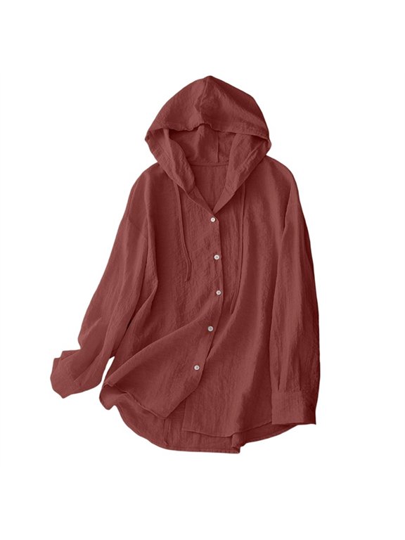 Cotton Linen Hoodies Sun Protection Lightweight Beach Shirt Ladies’s able Casual Long Sleeve Collar Hoodie Imitation Linen Blouses Wine XL