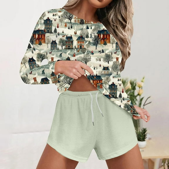 Hueook Cotton Pajamas for Women Set Womens Pajamas Set Women's Christmas Printed Winter Fashionable Casual Long Sleeved Home Sleepwear Set Multicolor S