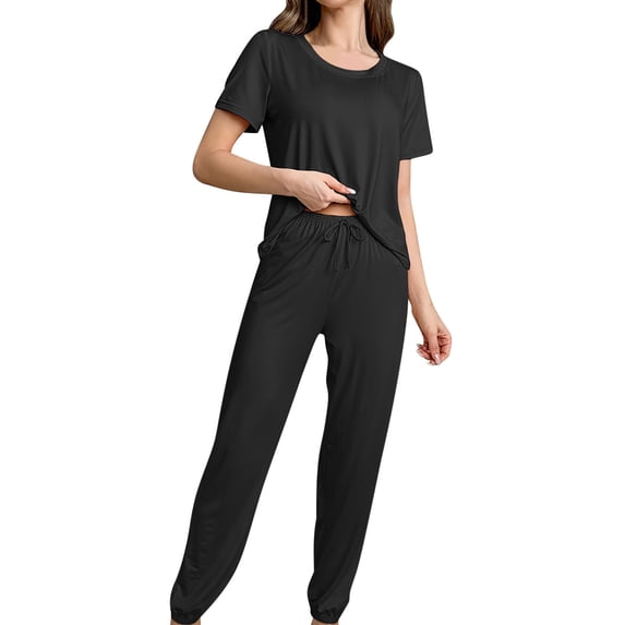 Hueook Cotton Pajamas for Women Casual Home Wear Short Sleeved Shirt Long Pants Pajama Set Black S