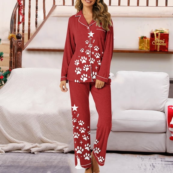 Hueook Cotton Pajamas for Women Set Womens Pajamas Set Women's Christmas Printed Pajama Set for Daily Home Wear with Pocket Multicolor M