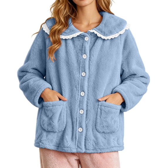 Hueook Cozy Fleece Bed Jacket Winter Warm Button Down Cardigan Lace Collar Pockets Soft Sleepwear S
