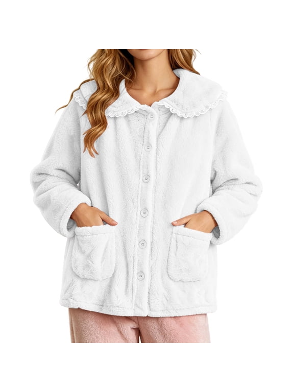 Cozy Fleece Bed Jacket Winter Warm Button Down Cardigan Lace Collar Pockets Soft Sleepwear XL