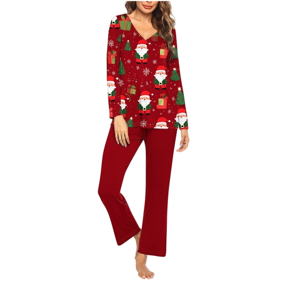 Hueook Cute Womens Fall Pajamas Women's Pajamas Women Christmas Printed V-neck Casual Long Top Pants Pajama Set Multicolor S