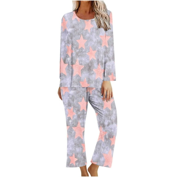 Hueook Cute Womens Fall Pajamas Women's Pajamas Women Fashion Fashion Printed Round Neck Long Sleeve Pants Set Gray M