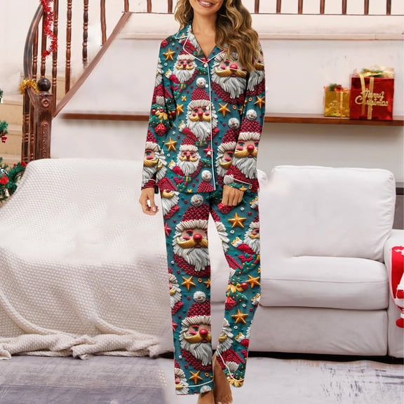 Hueook Cute Womens Fall Pajamas Women's Pajamas Women's Christmas Printed Pajama Set for Daily Home Wear with Pocket Multicolor 3X