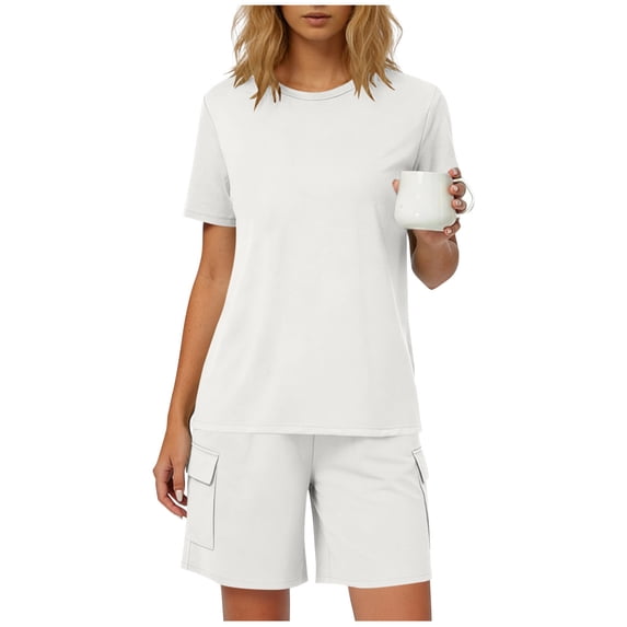 Hueook Cute Womens Fall and Summer Pajamas Shorts Trendy Casual Short Sleeve Crew Neck Top with Pocket Shorts Sports Loungewear White S