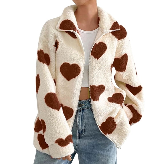 Hueook Dalmatian Coat Sherpa Jacket Fleece Jacket Women Heart Shirts Tops Womens Jacket Warm Zip Up Lapel Long Sleeve Coat Fall Winter Outerwear with Pockets Coffee 2X