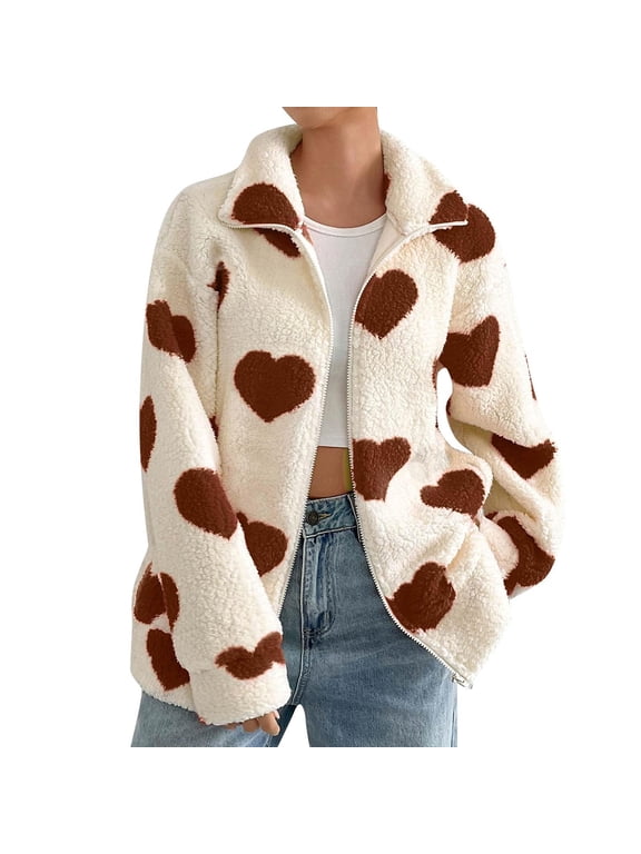 Dalmatian Coat Sherpa Jacket Fleece Jacket Women Heart Shirts Tops Womens Jacket Warm Zip Up Lapel Long Sleeve Coat Fall Winter Outerwear with Pockets Coffee S