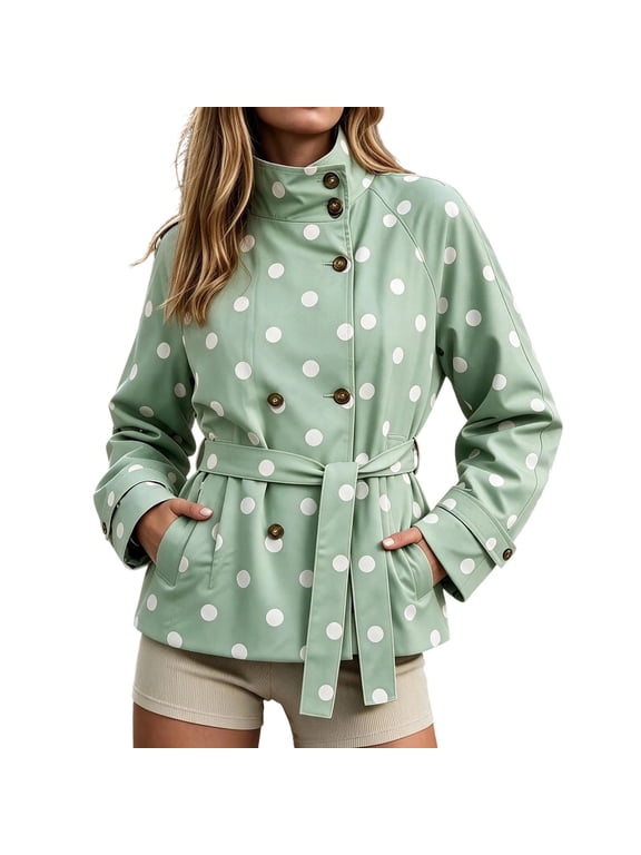 Dalmatian Print Belted Jacket Women Full Zip Long Sleeve Cropped Casual Animal Print Coat Fall Outerwear Pockets Green XL