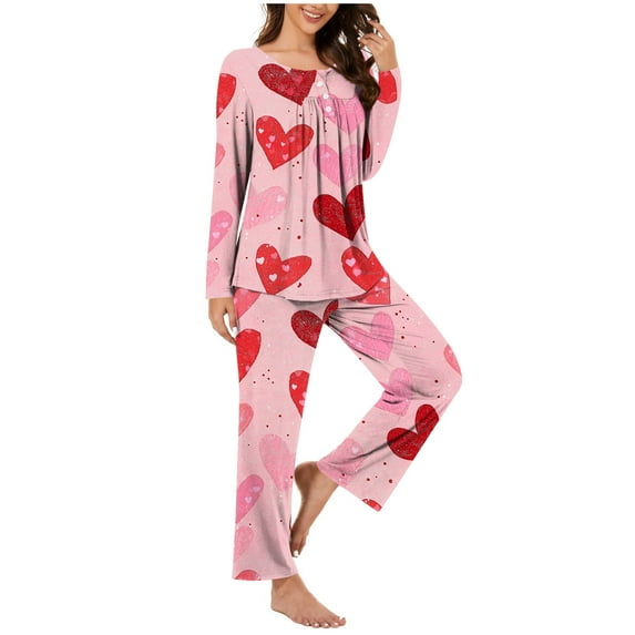 Hueook Date Night Outfit for Women Fashionable Casual Loose Valentine's Day Printed Round Neck Button Up Long Sleeved Pants Pajama Set Red M