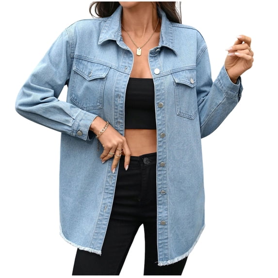Hueook Denim Jacket Jeans Shirts Jacket Lightweight Women‘s Denim Casual Fashion Turndown Collar Solid Color Outwear Jackets Coat Light Blue M