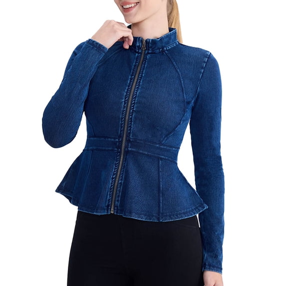 Hueook Denim Jacket for Women Round Neck Scalloped Hem Jean Coat with Pockets Long Sleeve Casual Trucker Jacket Blue M