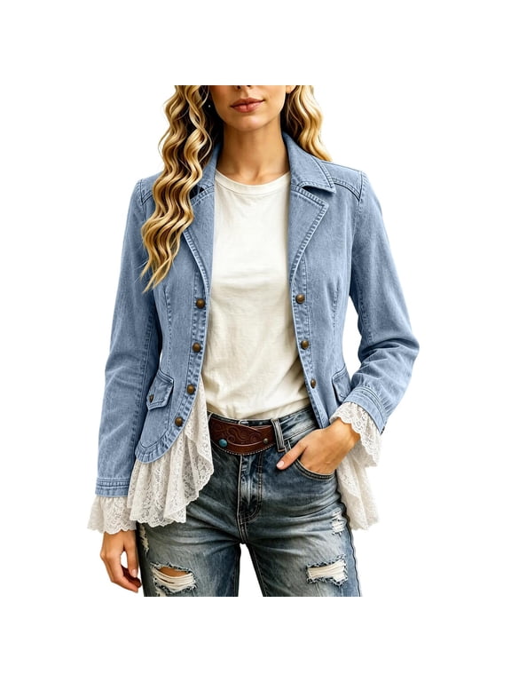 Denim Jacket for Women Vintage Button Front Ruffle Lace Trim Jean Coat Casual Boho Outerwear Short Blue 2X