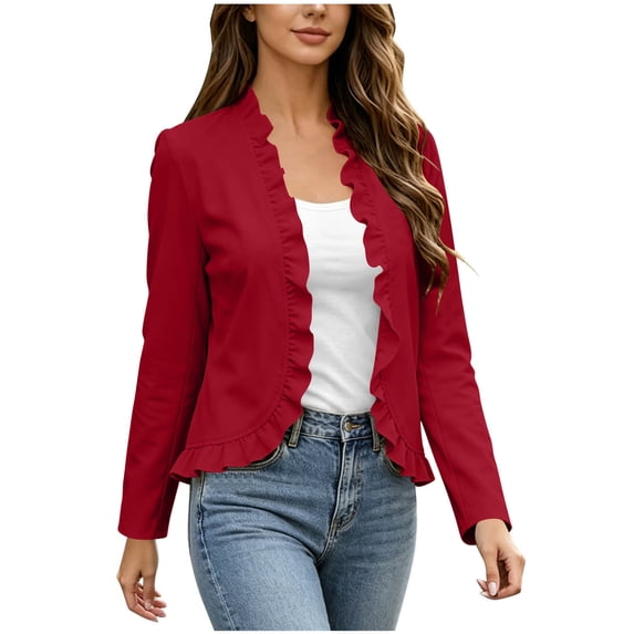 Hueook Denim Jackets for Women Cropped Long Sleeve Ruffle Open Front Crop Jean Shacket Elegant Fashion Ruffles Cardigan Coat Long Sleeves Red L