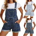 thumbnail image 1 of Hueook Denim Short for Women Overalls Rolled Cuff Barrel Jumpsuit Rompers Adjustable Straps High Waist Bib Jeans Shorts with Pockets Blue S, 1 of 8