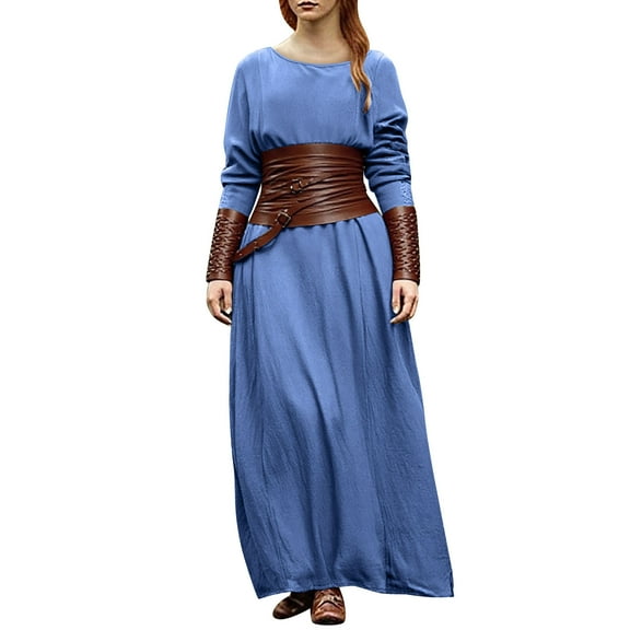 Hueook Dresses for Women Fall Wedding Guest Dresses Women's Solid Color Middle Ages Round Neck Long Sleeve Dresses Blue XL