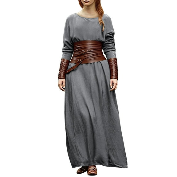 Hueook Dresses for Women Fall Wedding Guest Dresses Women's Solid Color Middle Ages Round Neck Long Sleeve Dresses Gray 2X