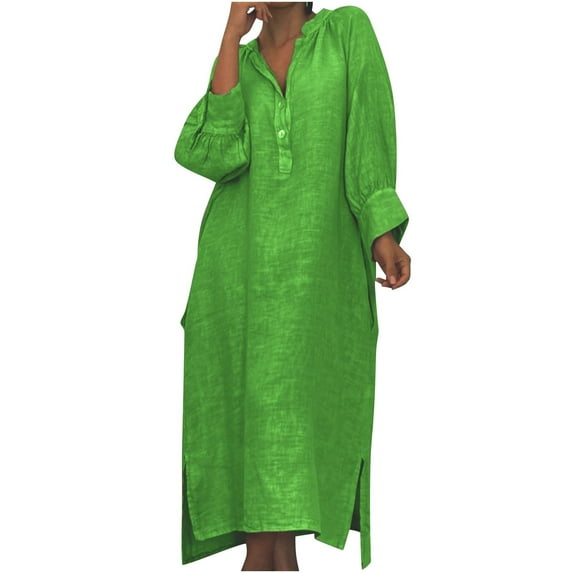 Hueook Dresses for Women Fall Wedding Guest Dresses Women's Solid Linen Elegant Dress with Button Pocket and Long Linen Skirt Green XL