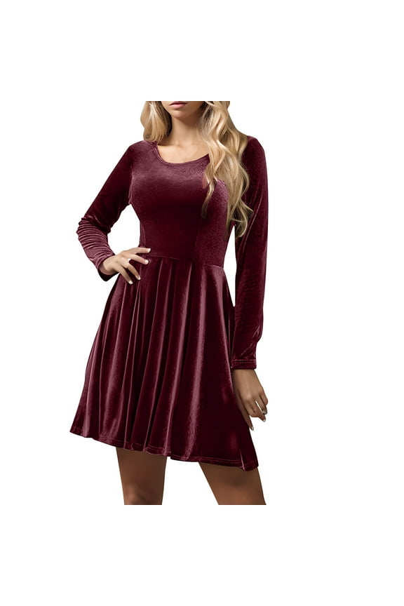 Dresses for Women Winter Dresses for Women 2025 Women's Solid Color Long Sleeve Closed Temperament Dress Wine S