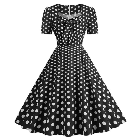 Hueook Dresses for Women Women's Round Neck Short Sleeved Plaid Printed Waistband Large Dress Black S