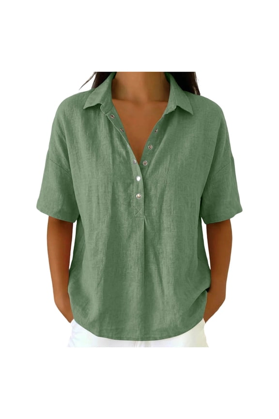 Dressy Henley Shirts Flowy Tops Peasant Blouse Women's Fashionable Casual Linen Color Turtleneck Long-sleeved Button and Snap V-neck Top Short-sleeved V-neck Top/shirt Army Green S