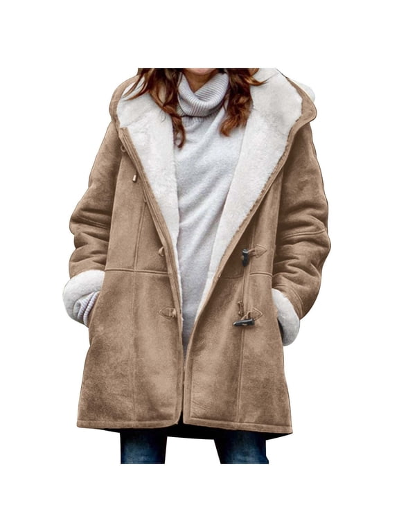Duffle Coat for Women Plus Size Toggle Button Hooded Wool Coat with Pockets Fleece Lined Warm Winter Jacket Khaki L