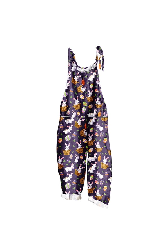 Easter Jumpsuit for Women Pants Trendy Ladies' Easter Print Sleeveless Two Pocket Casual Overalls jumpsuit Pants Multicolor L