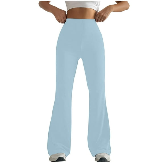 Hueook Elastic Plus Size Yoga Pants for Women Women Solid Color Tight Fitting Hip Shaping Flared Pants Yoga Pants Light Blue L