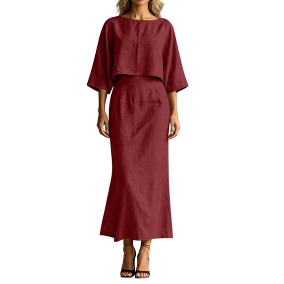Hueook Elegant Dress for Women Crew Neck 3/4 Sleeve Straight Fit Casual Midi Dress Wine M