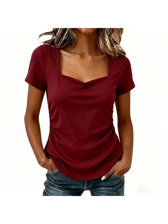 Elegant Tops Square Shirt Ruffle Sleeve Women's Lace-trimmed Fitted Short-sleeved Pleated Top with V-neck and Straight Shoulders Wine L