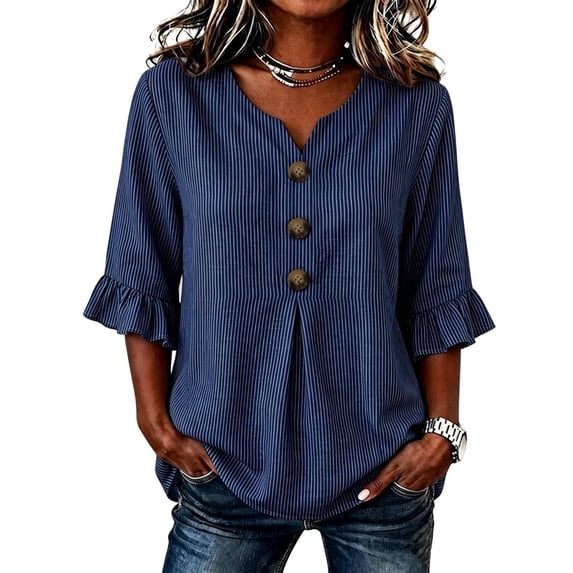 Hueook Fall 3/4 Length Sleeve Womens Tops Striped V Neck Button Ruffle Cuff Casual Blouse Blue S