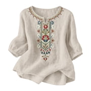 Hueook Fall 3/4 Sleeve Shirts For Women Embroidered V Neck Cotton Boho Casual Blouse Top Cotton Shirts Beige 3X