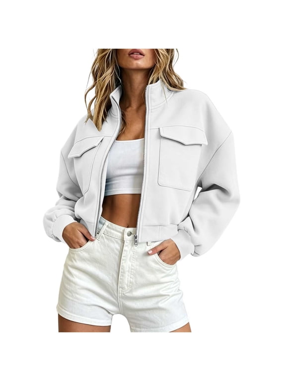 Fall Bomer Jackets for Women Trendy Varsity Jackets Corduroy Ladies Zipper Jacket Long Sleeve Coat with Pockets White 2X
