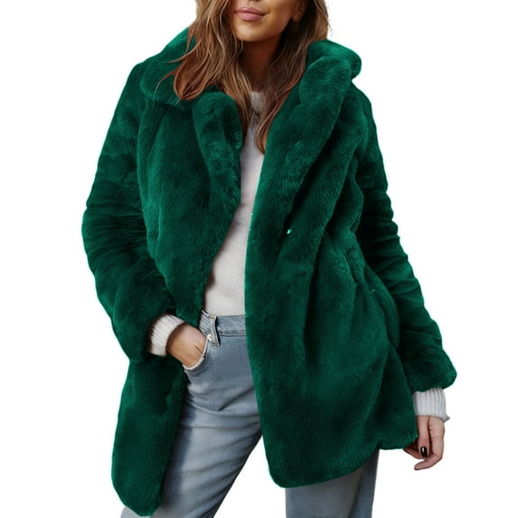 Hueook Fall Coats for Women 2025 Women's Winter Solid Color Long Sleeve Warm Faux Jacket Army Green M
